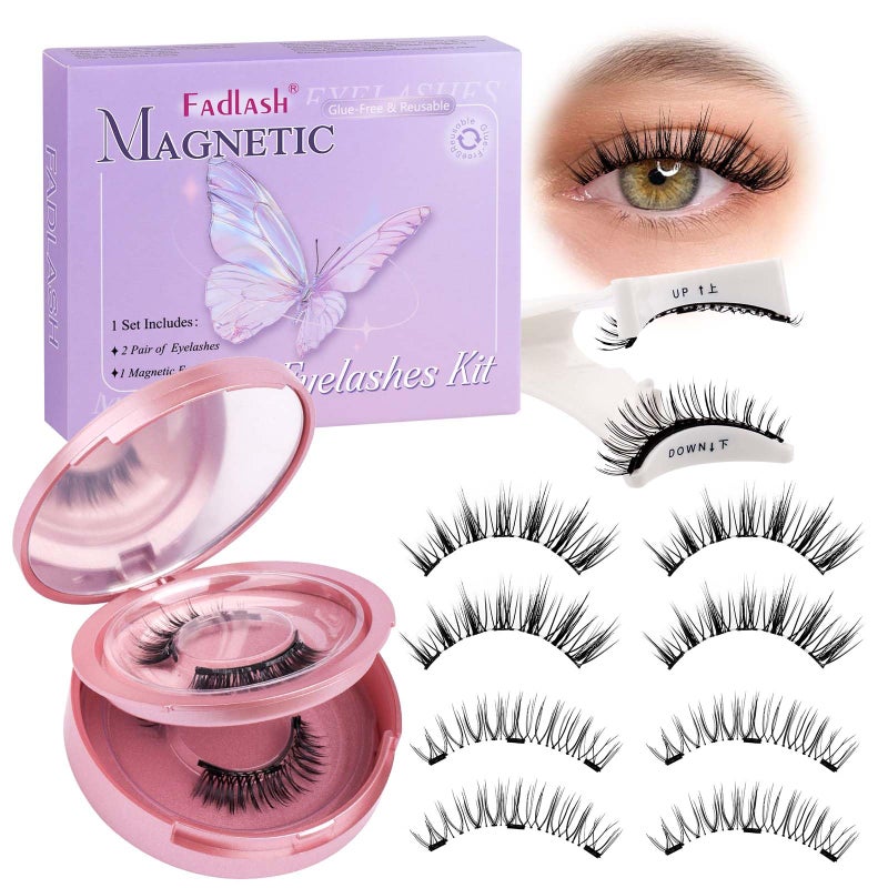 FADLASH Magnetic Eyelashes Natural Look 2 Pairs Fluffy False Eyelashes Reusable Magnetic Lashes Kit with Applicator No Glue Needed Easy to Wear and Remove 806B7